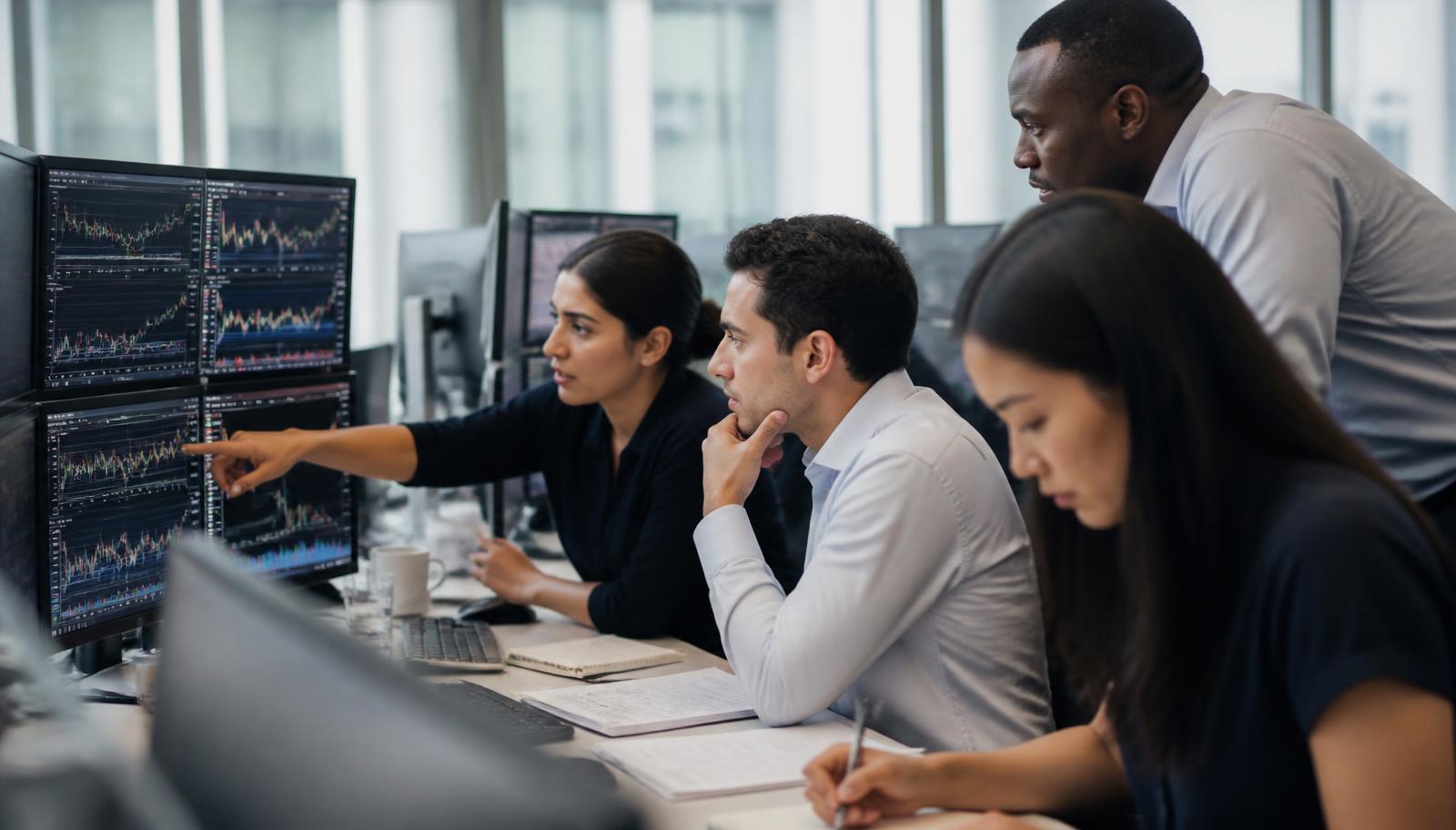 Diverse analysts reviewing small-cap stock charts on trading monitors
